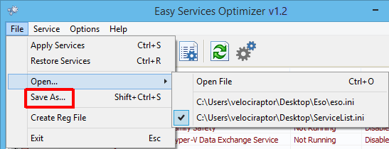Easy service optimizer save as menu