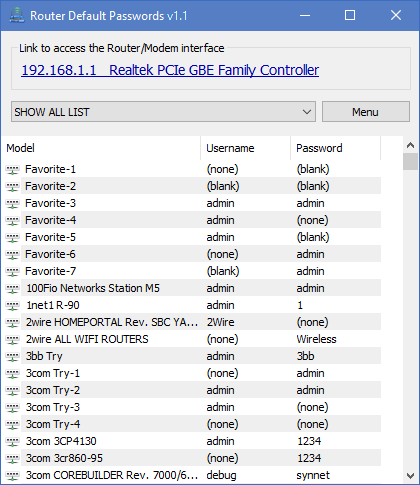 default password router list v1 pass edit own favorite username