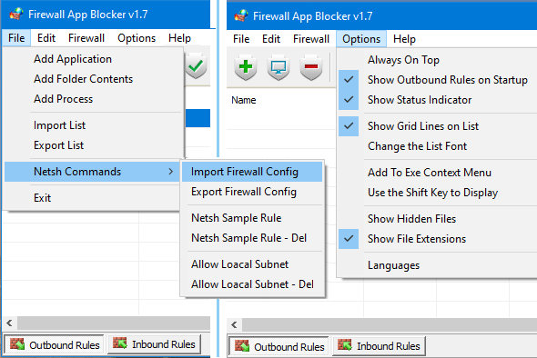 Firewall Application Blocker file and Options menus