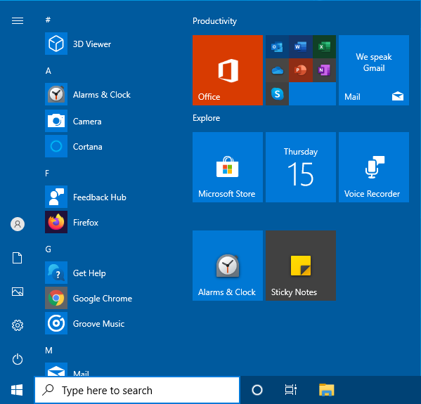 Default start menu layout