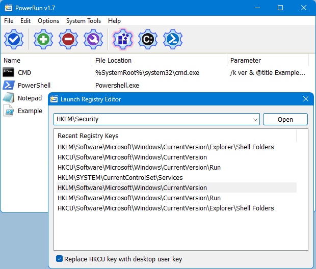 PowerRun launch registry editor