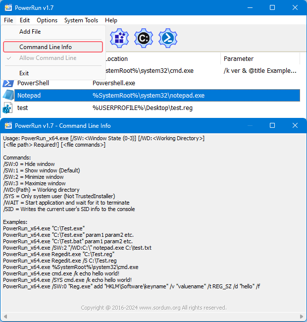 powerrun cmd parameters