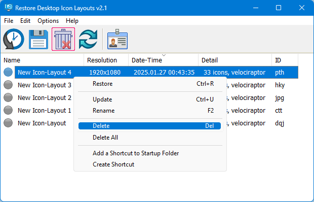 delete saved Icon layout