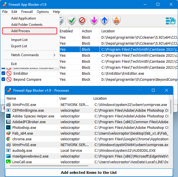 Firewall Application blocker Add process