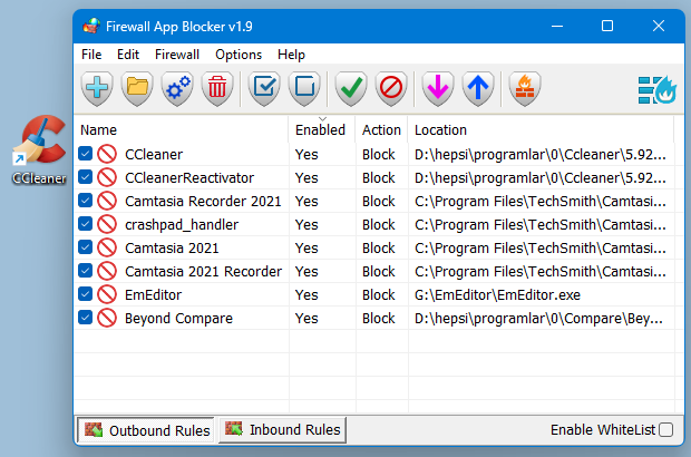 Firewall Application blocker drag and drop feature