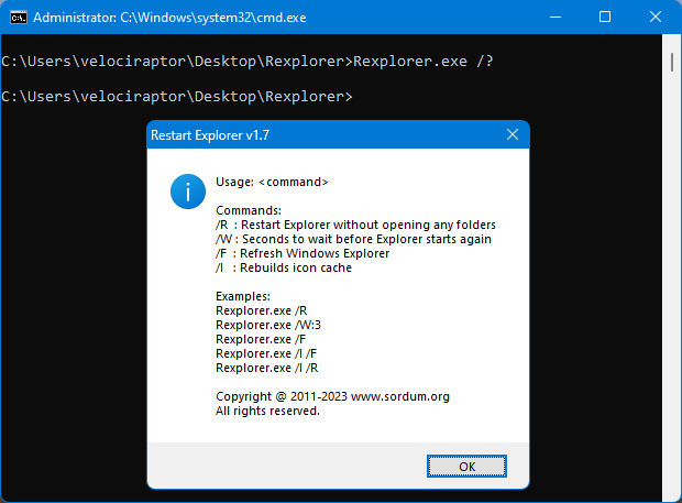 Restart Explorer Cmd parameters