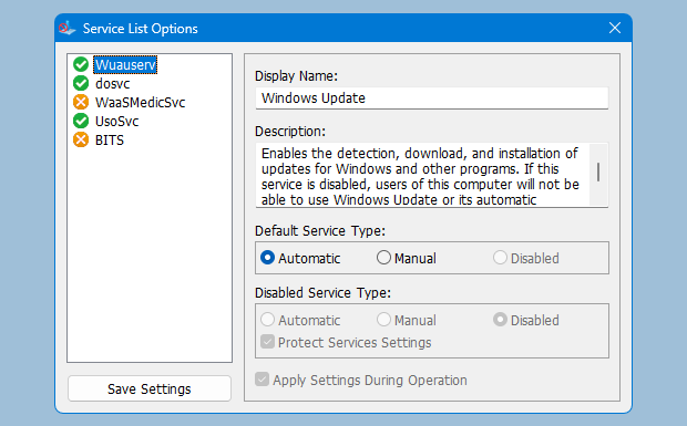 Wub service list options