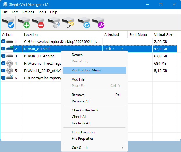 add a vhd to boot menu with Simple VHD manager 