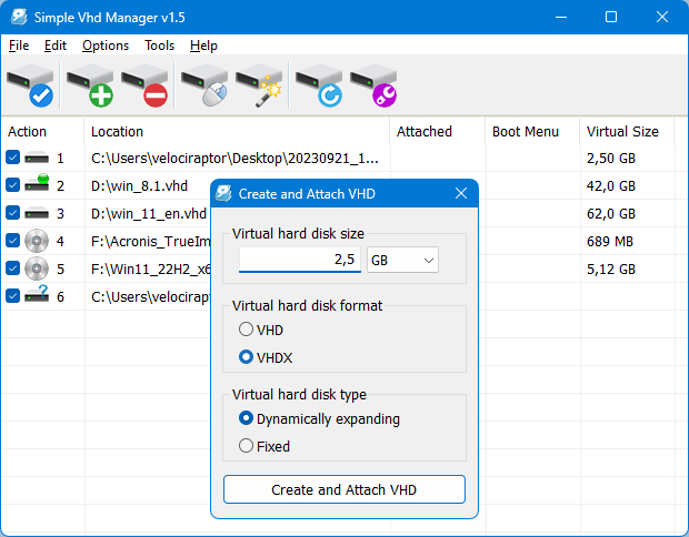 Simple vhd manager create a vhd