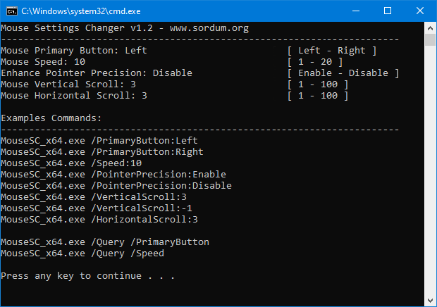 Mouse settings changer cmd parameters