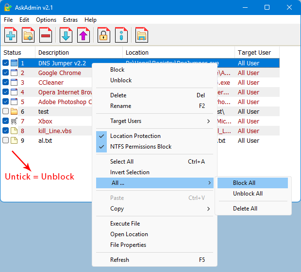 AskAdmin untick = unblock AskAdmin untick = unblock