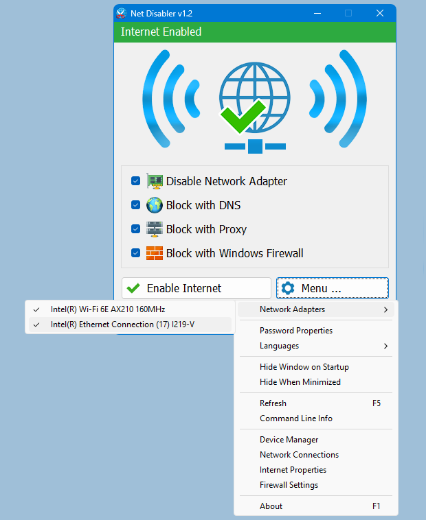 Netdisabler menu Netdisabler menu