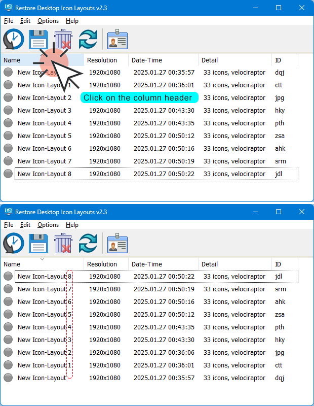 change saved icon layout sort order