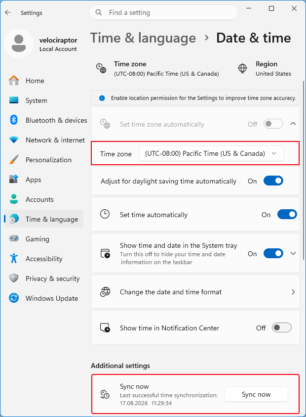 Sync date and time